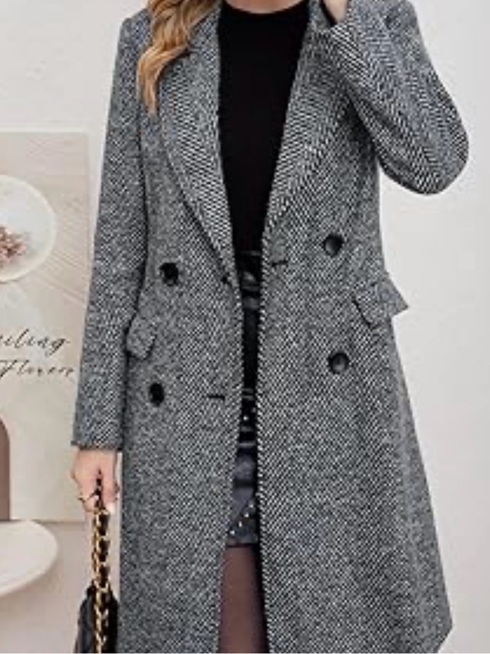 Chouyatou - Women's Winter Casual Herringbone Wool Coat Double Breasted - XL - Picture 3 of 5